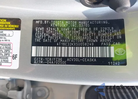 2005 Toyota Camry Se z USA, uszkodzony, nr VIN 4T1BE32KX5U058249